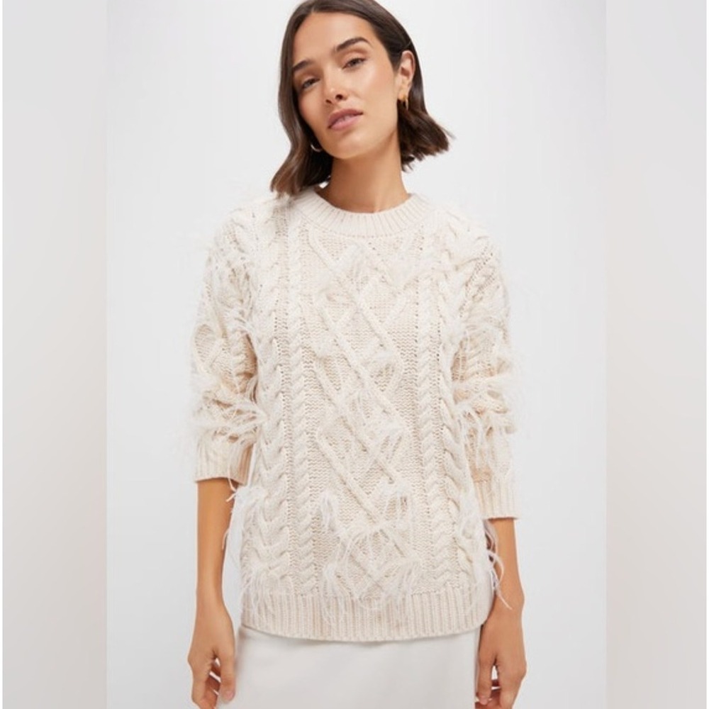 Hyacinth House Cream Cable Knit Feather Trim Sweater Medium Ivory Pullover